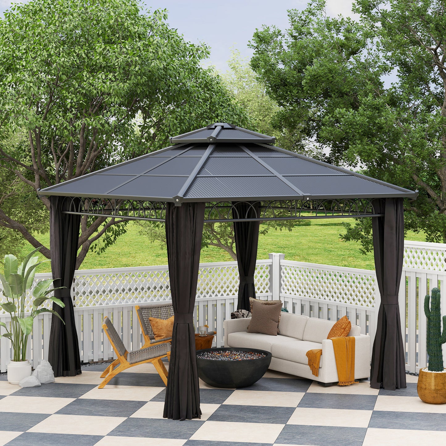 Outsunny 3x3m Outdoor Polycarbonate Gazebo With Double Roof Hard Top Nettings Curtains And Galvanised Steel Frame