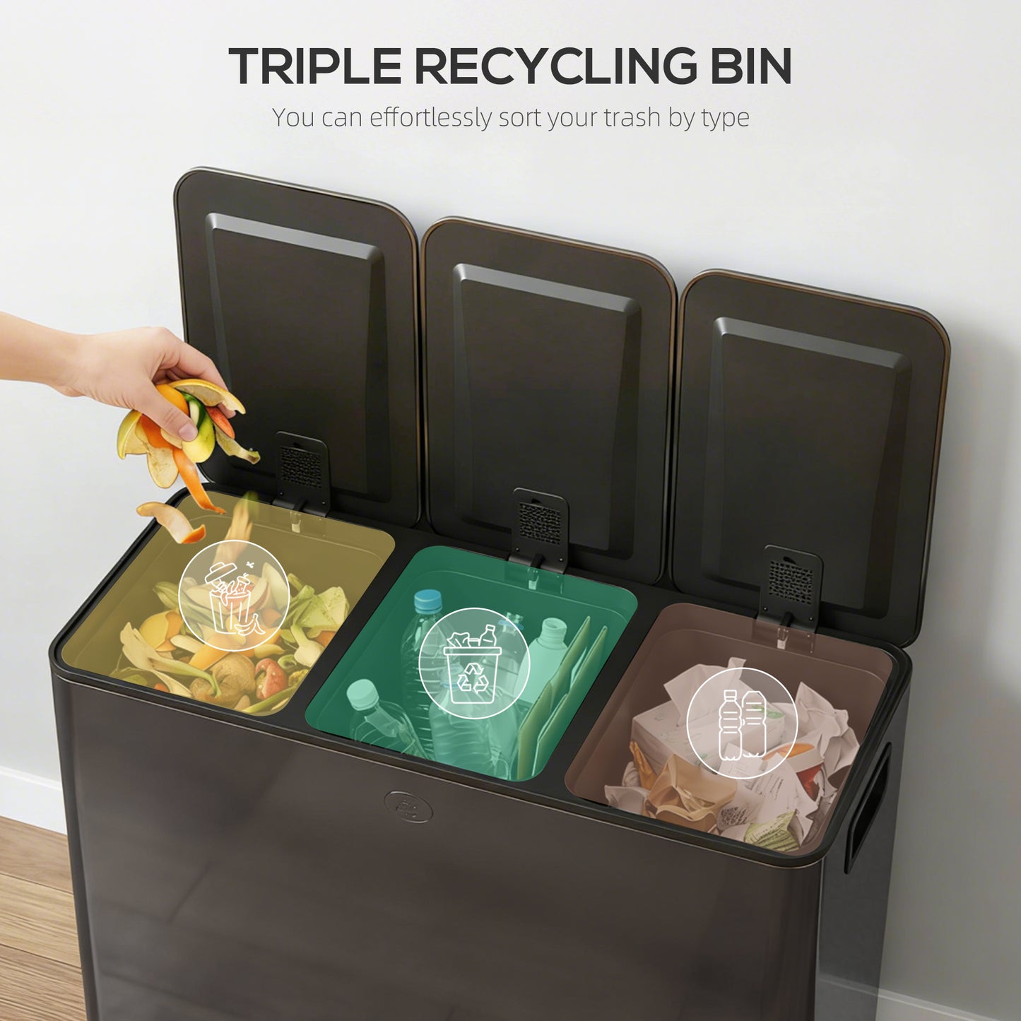 HOMCOM 3 x 15L Pedal Bin Stainless Steel Kitchen Bin With Soft Close Lid Removable Buckets Fingerprint Proof Black