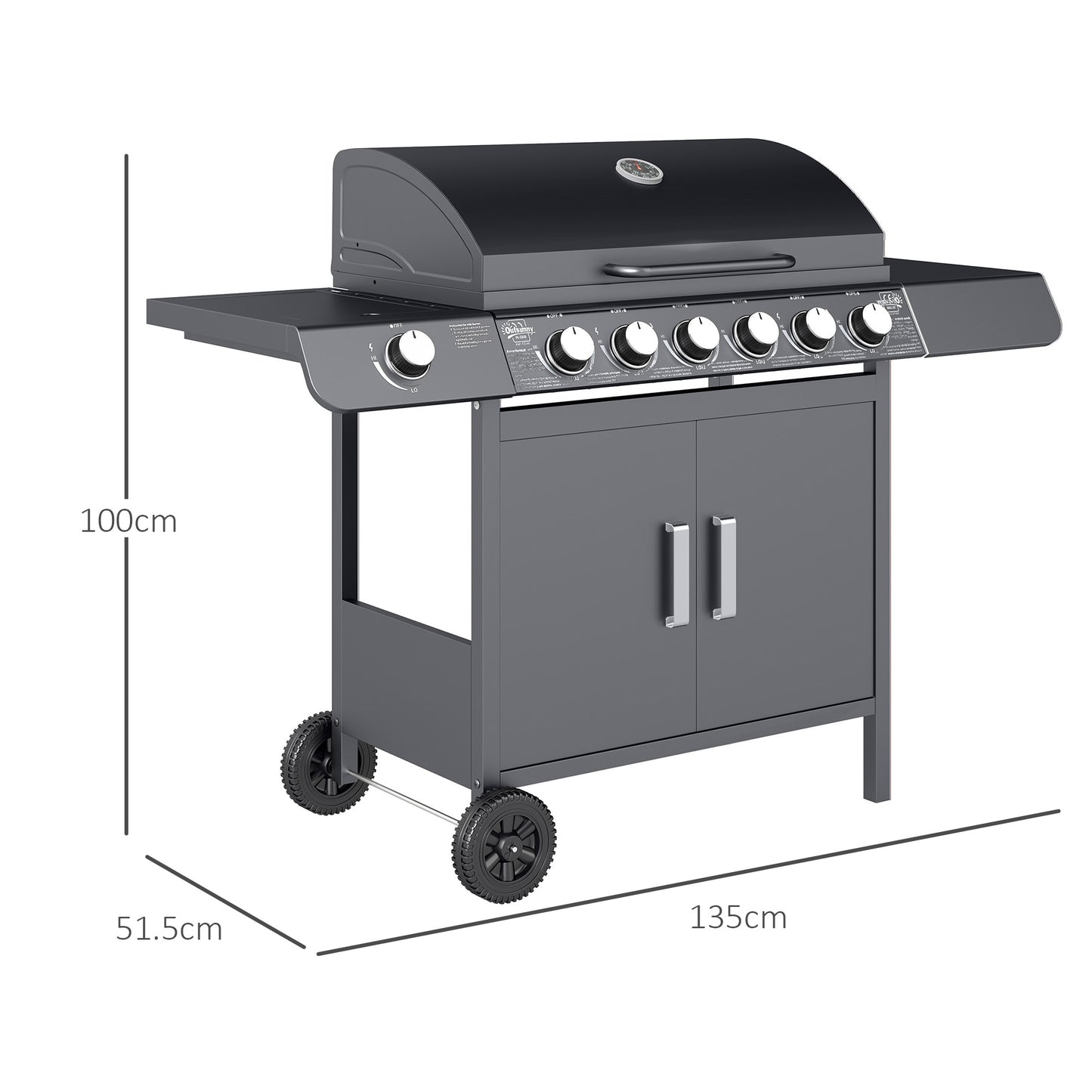 Outsunny Seven Burner Gas BBQ Grill Grey With Side Burner And Large 2646 Sq Cm Cooking Area