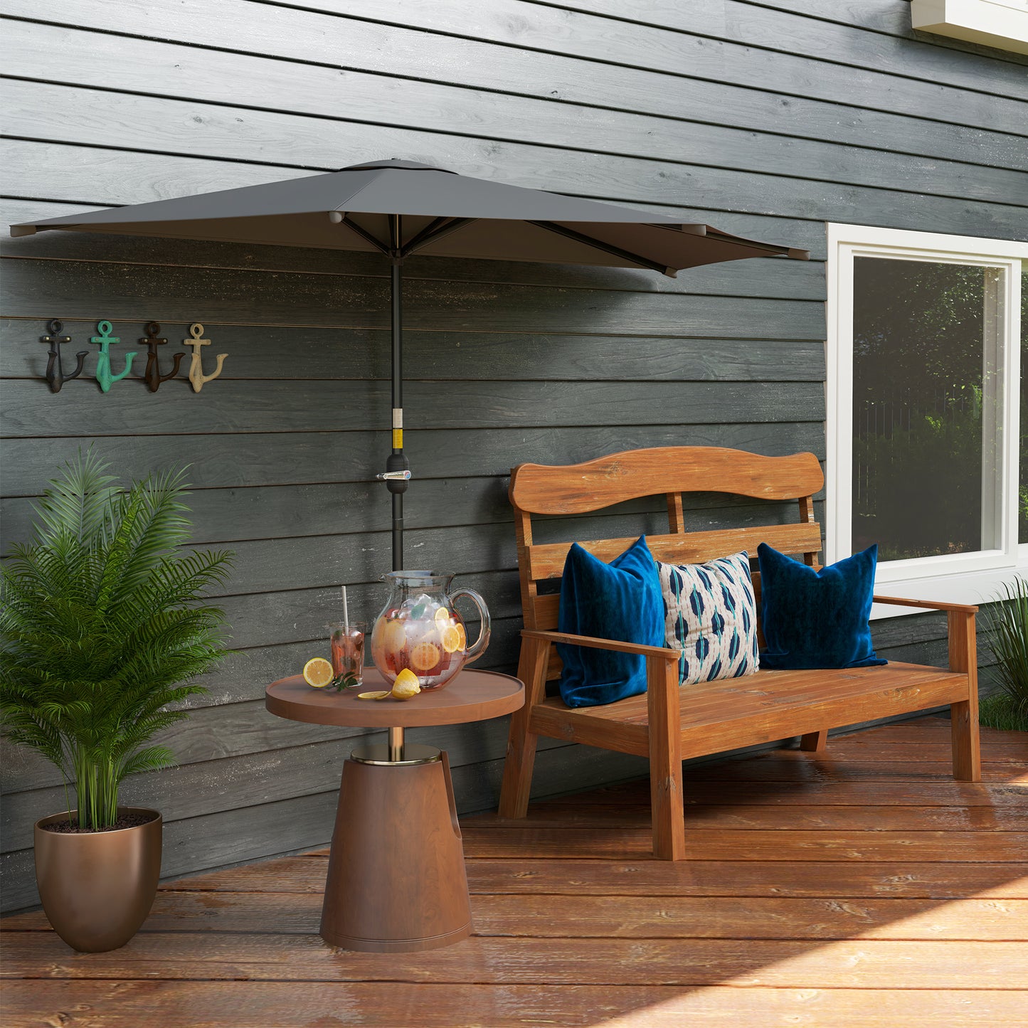 Outsunny 3 Meter Half Parasol Wall Mounted Semi Round Umbrella With Metal Frame Crank Handle Dark Grey