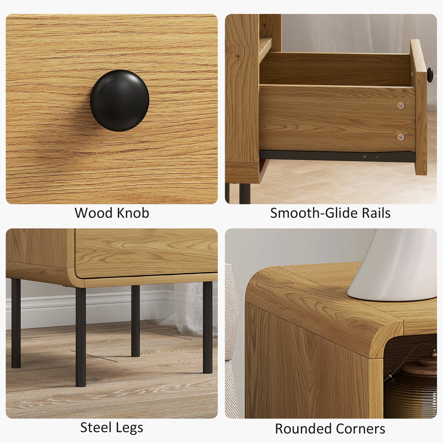 HOMCOM Oak Bedside Table With Drawer And Open Shelf Modern Nightstand For Bedroom Rounded Corner Design