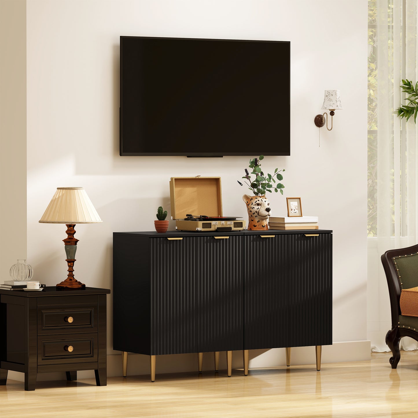 HOMCOM Sideboard Buffet Cabinet Modern Kitchen Storage Cabinet With Adjustable Shelves And Metal Legs Black