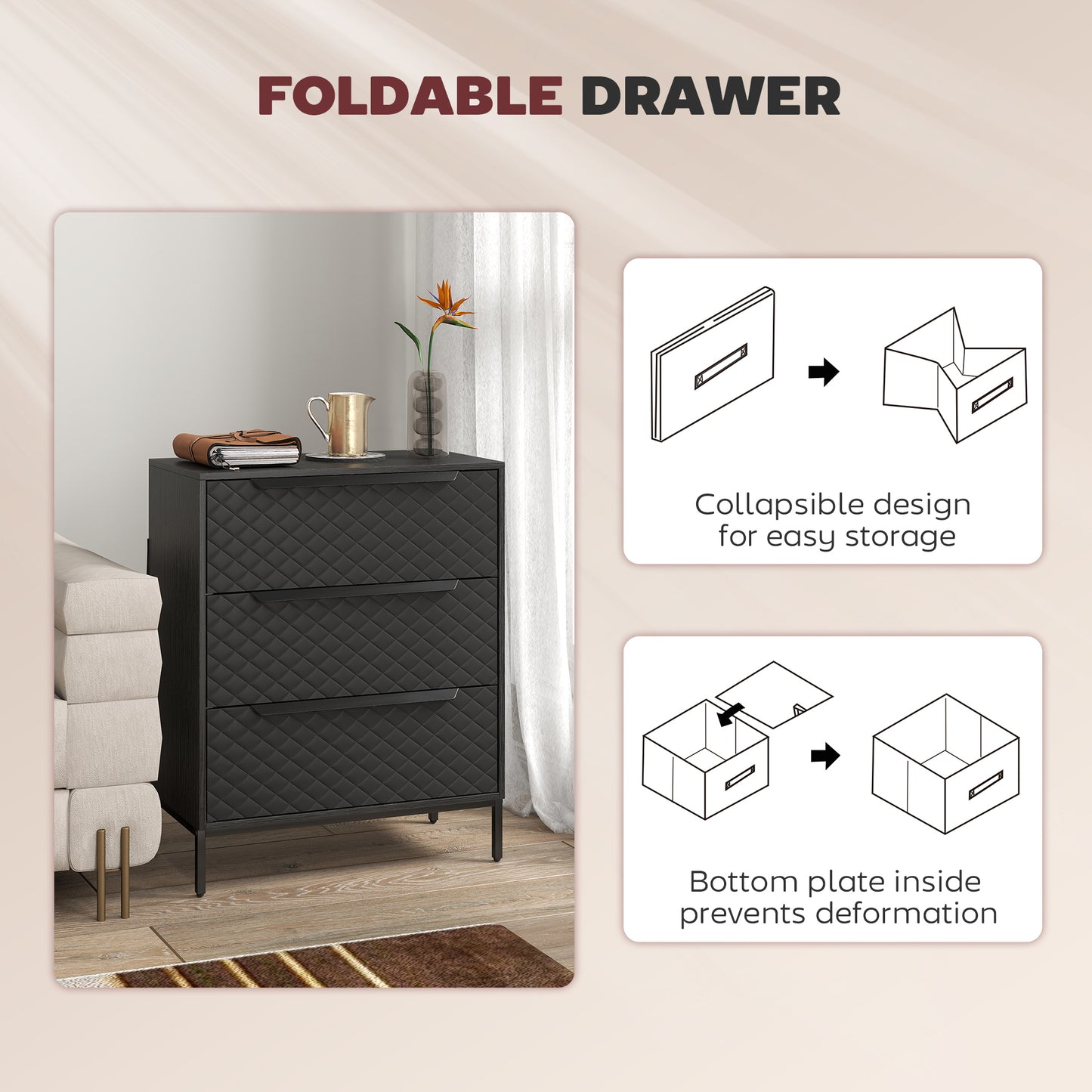 HOMCOM Chest Of Drawers With 3 Fabric Drawers And Aluminium Handles Black Modern Bedroom Storage
