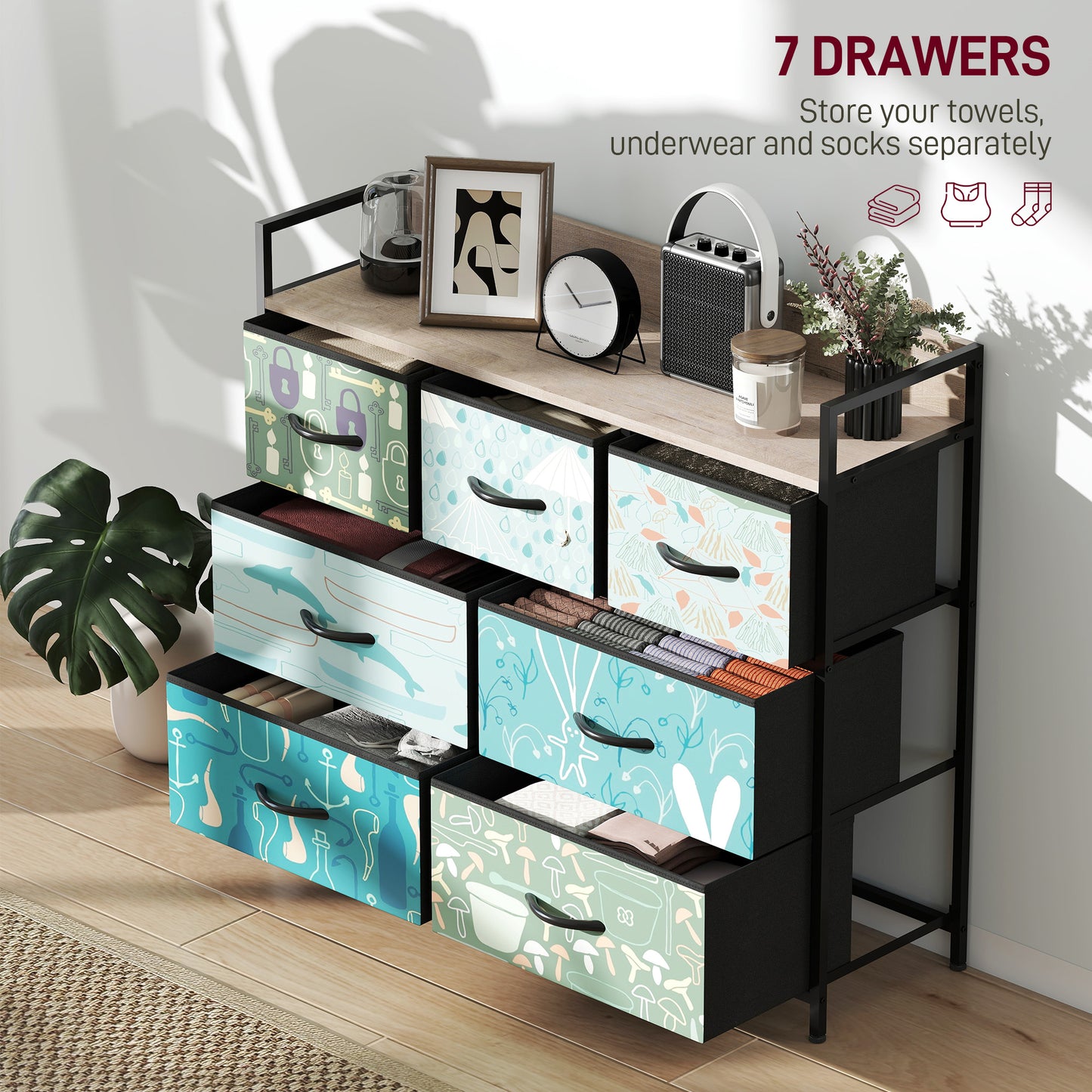 HOMCOM 7 Drawer Chest Of Drawers Blue With Removable Foldable Fabric Drawers And Patterned Panels