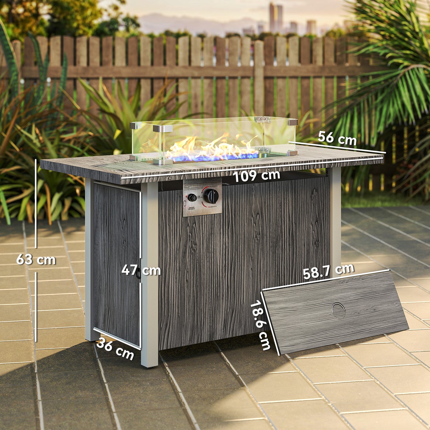 Outsunny 50000 BTU Gas Fire Pit Table With Cover And Glass Screen Dark Grey For Outdoor Dining And Warmth