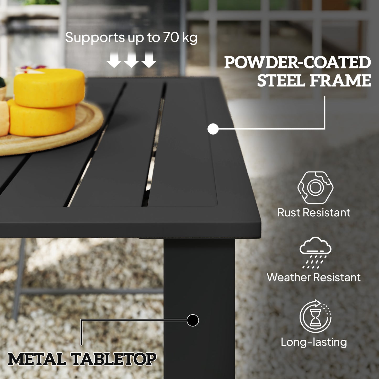 Outsunny Garden Dining Table For 6 With Parasol Hole Rectangular Outdoor Table Slatted Metal Top Steel Frame Black