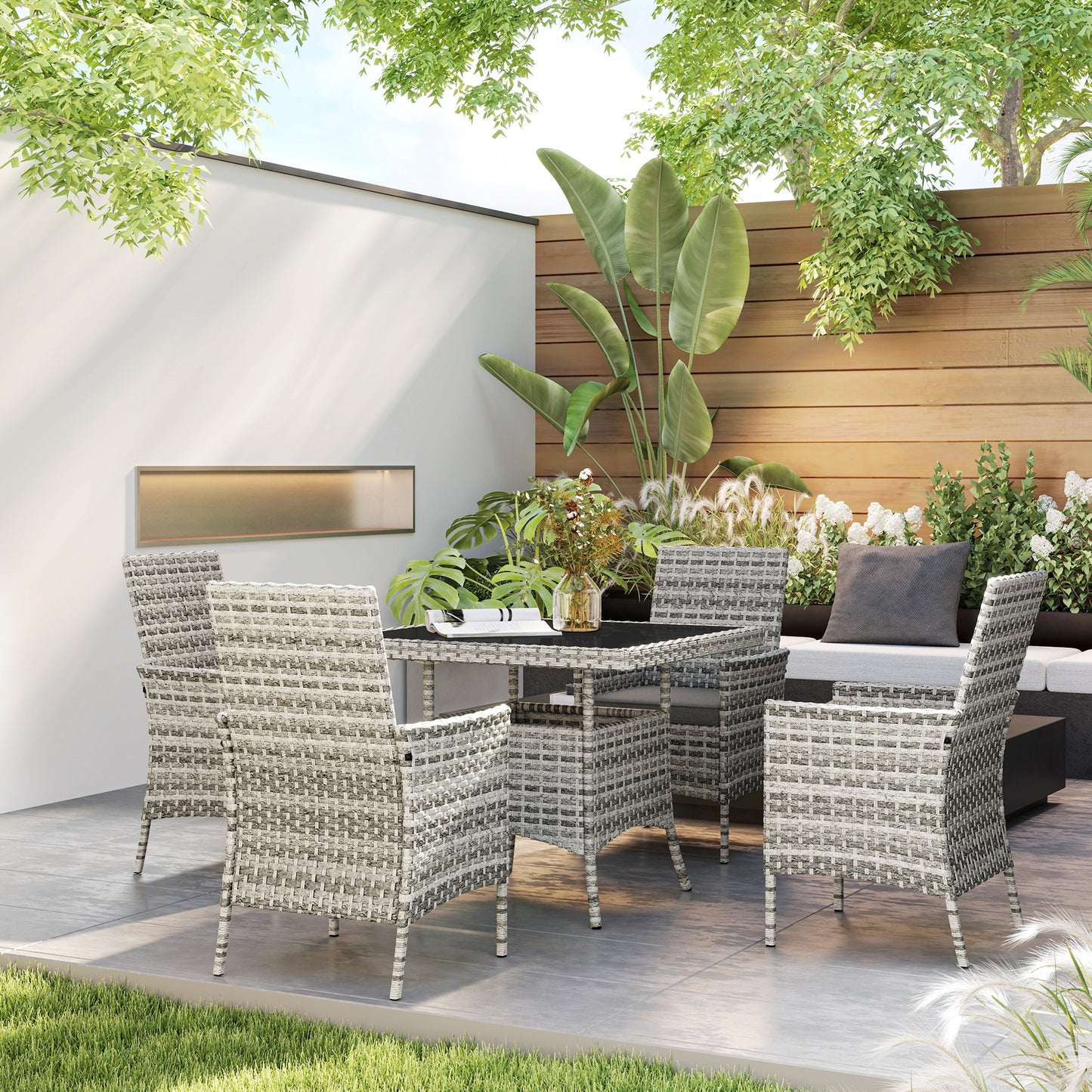 Outsunny Rattan Outdoor Dining Set 4 Seater With Cushions Square Glass Table Garden Furniture