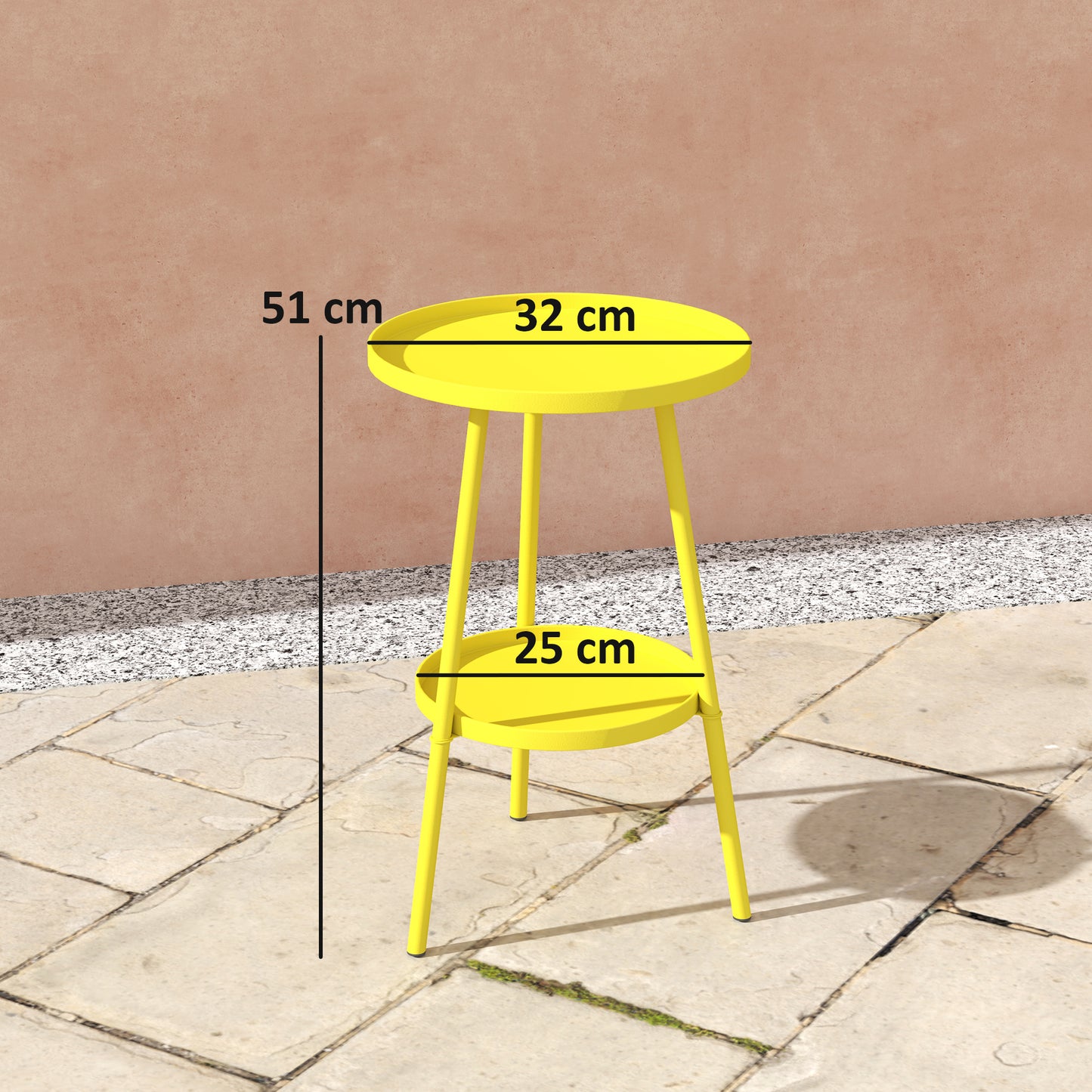 Outsunny Two Tier Metal Garden Table Yellow Indoor Outdoor Weather Resistant Patio Accent