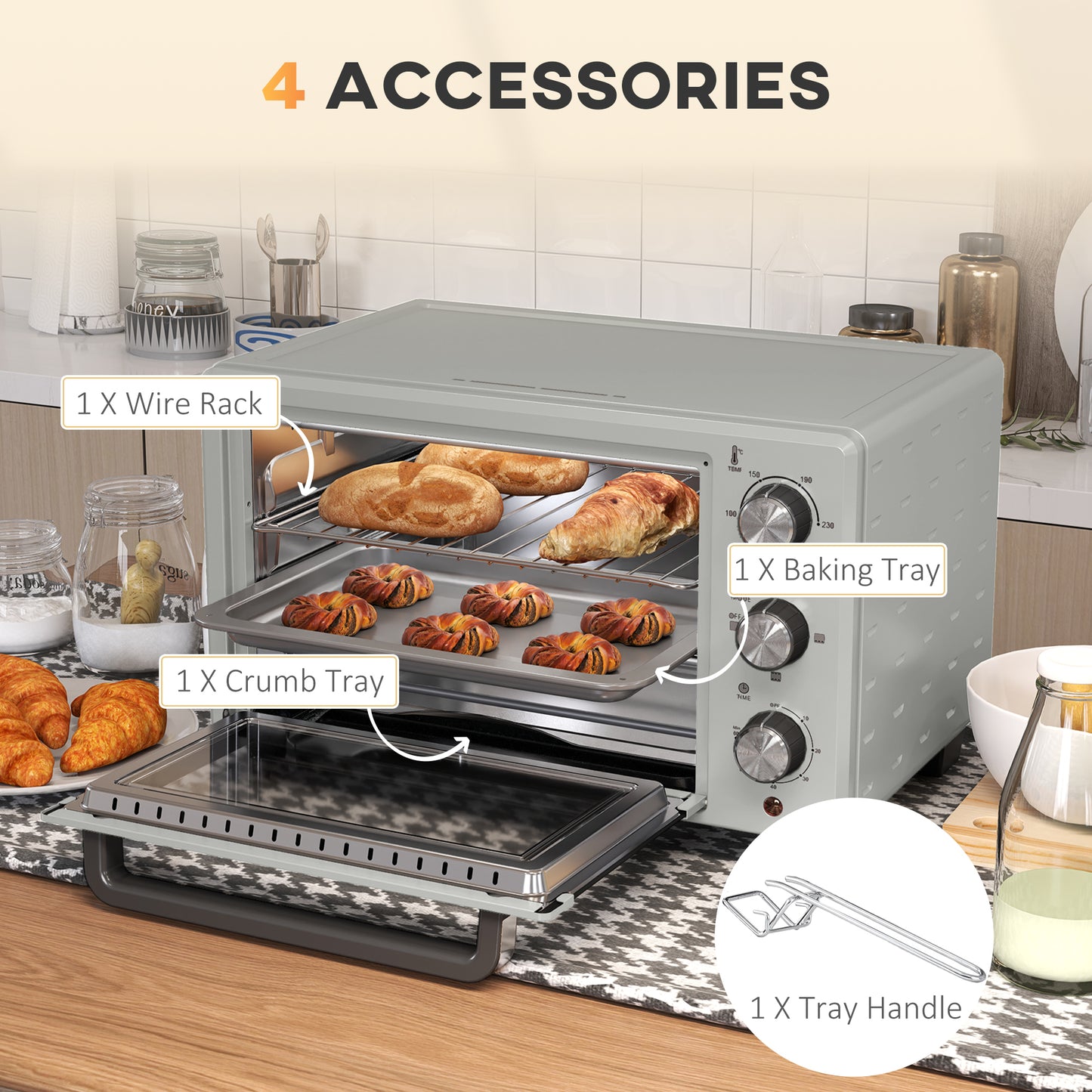 HOMCOM 21L Mini Countertop Oven With 100 To 230 Celsius Temperature Range, Removable Wire Rack And Tray, Silver Tone