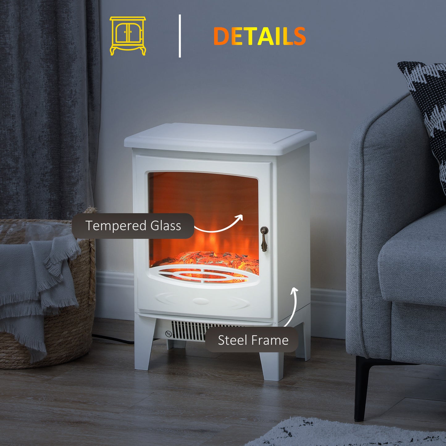 HOMCOM Tempered Glass Casing Electric Fireplace With Realistic Flame Effect Overheat Protection White 950W 1850W
