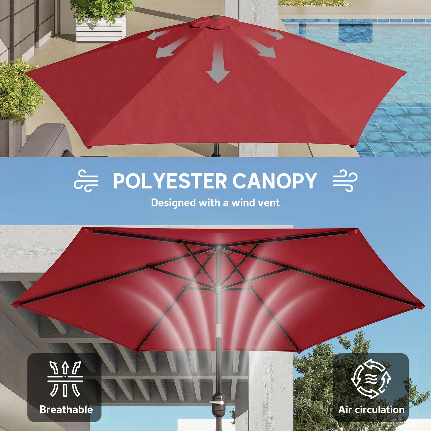 Outsunny 2.6 m Garden Parasol Umbrella With Aluminium Pole Tilt And Crank Vent Wine Red Outdoor Patio Shade