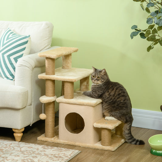 PawHut Adjustable Pet Stairs with Cozy Condo and Playful Hanging Ball - Beige