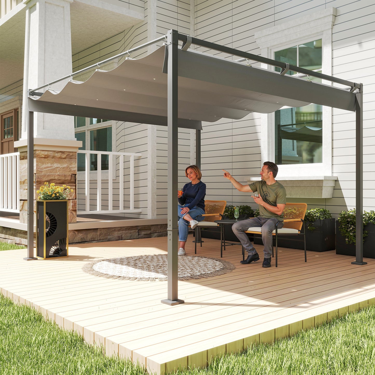 Outsunny 3 x 3m Retractable Roof Metal Pergola Grey With Adjustable Canopy For Shaded Garden Relaxation