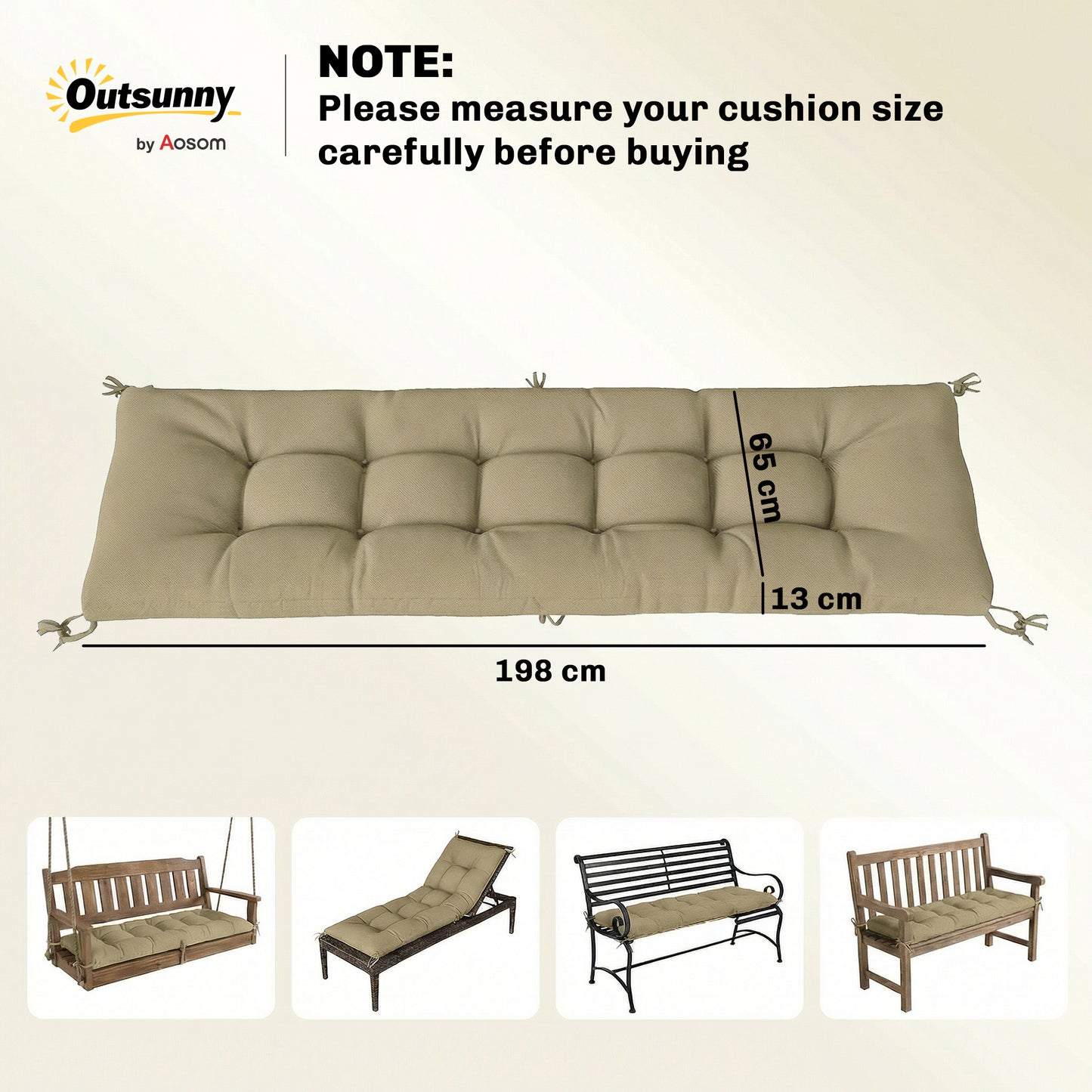 Outsunny Memory Foam Sun Lounger Cushion With Ties For 190 X 60 Cm Patio Lounger Outdoor Sand