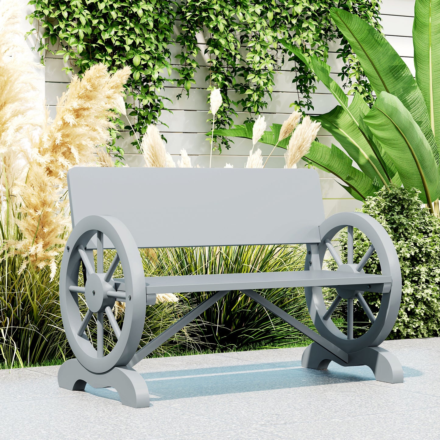 Outsunny Fir Wood Two Seater Outdoor Garden Bench With Wagon Wheel End Designs Grey Patio Furniture