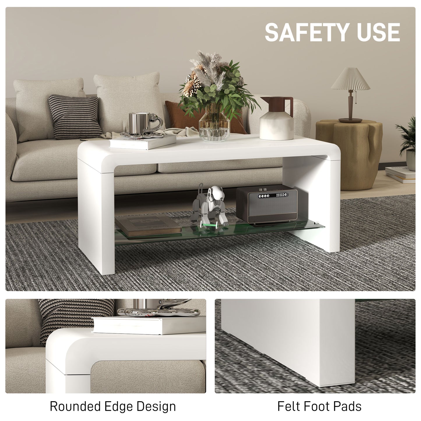 HOMCOM Curved Two Tier Coffee Table With High Gloss White Finish And Two Storage Levels