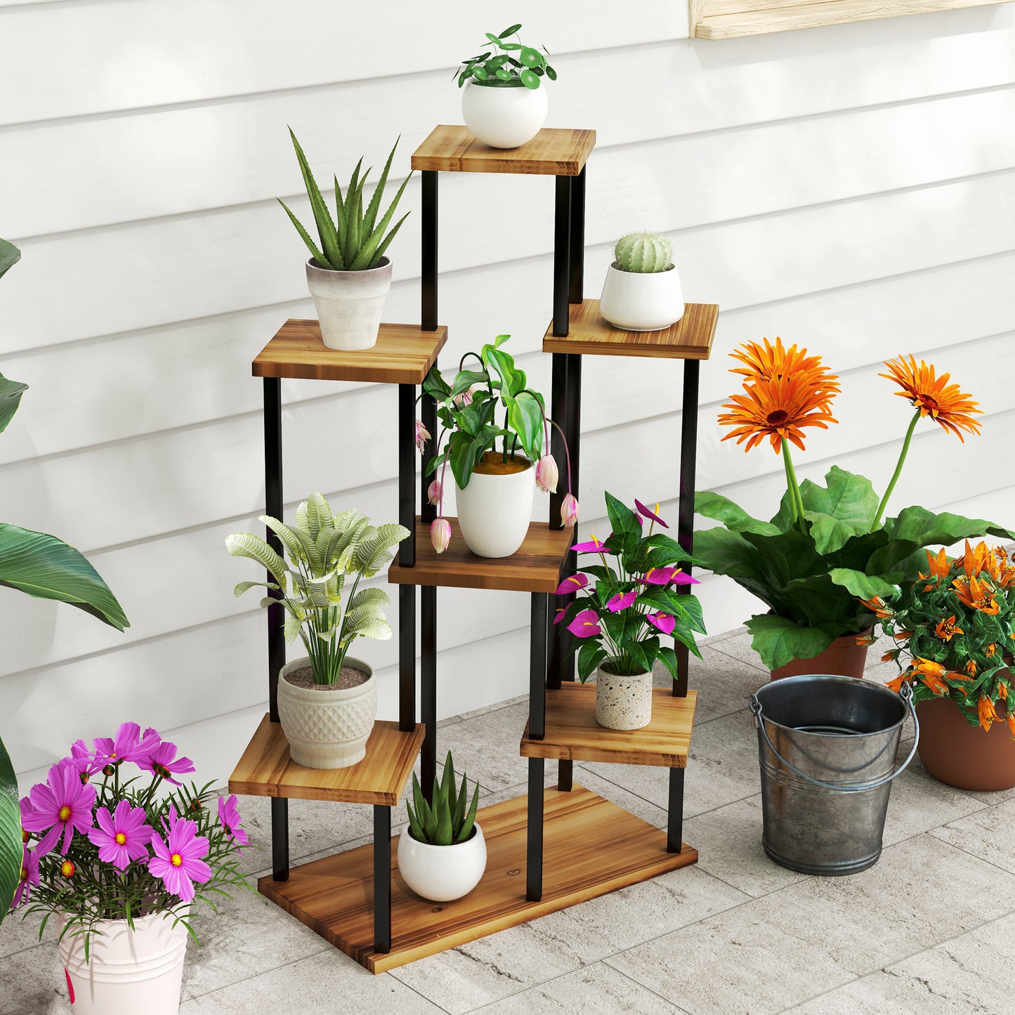 Outsunny Seven Shelf Wooden Plant Stand For Corner Decor With Staggered Shelves Holds Seven Plants