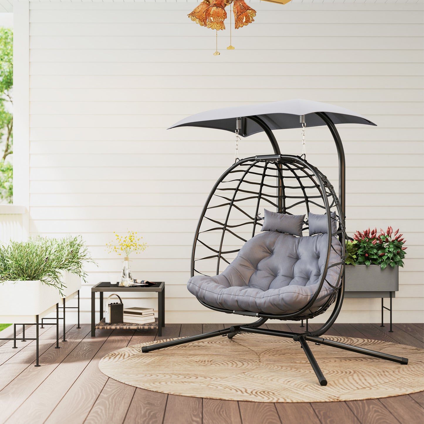 Outsunny Double Rattan Egg Chair With Canopy Powder Coated Steel Frame For Outdoor Garden Patio Two Seater Black