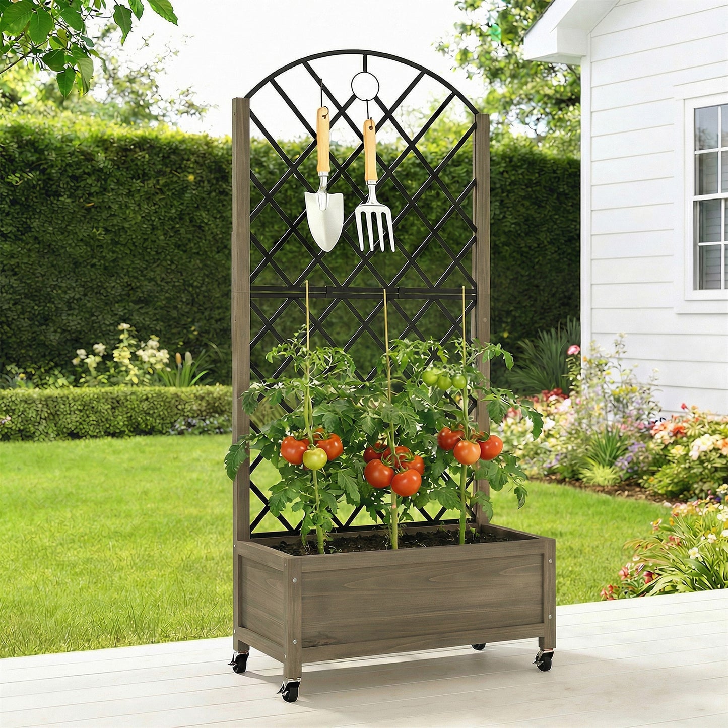 Outsunny Raised Garden Bed With Metal Trellis And Lockable Wheels Wooden Elevated Planter Box Outdoor Carbonised