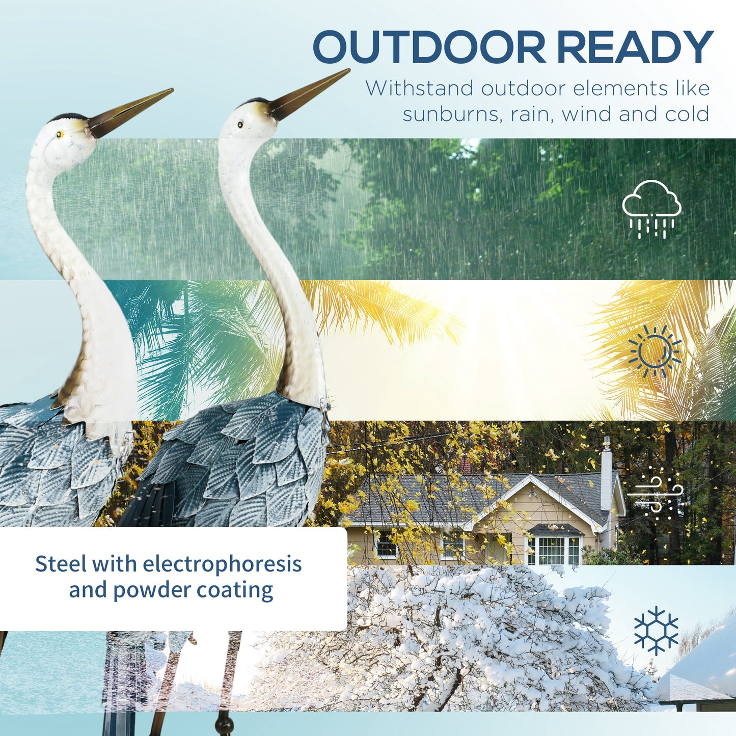 Outsunny Crane Garden Ornaments 2 Piece Steel Statue Set Water And Rust Resistant For Patio Pond Multi Colour