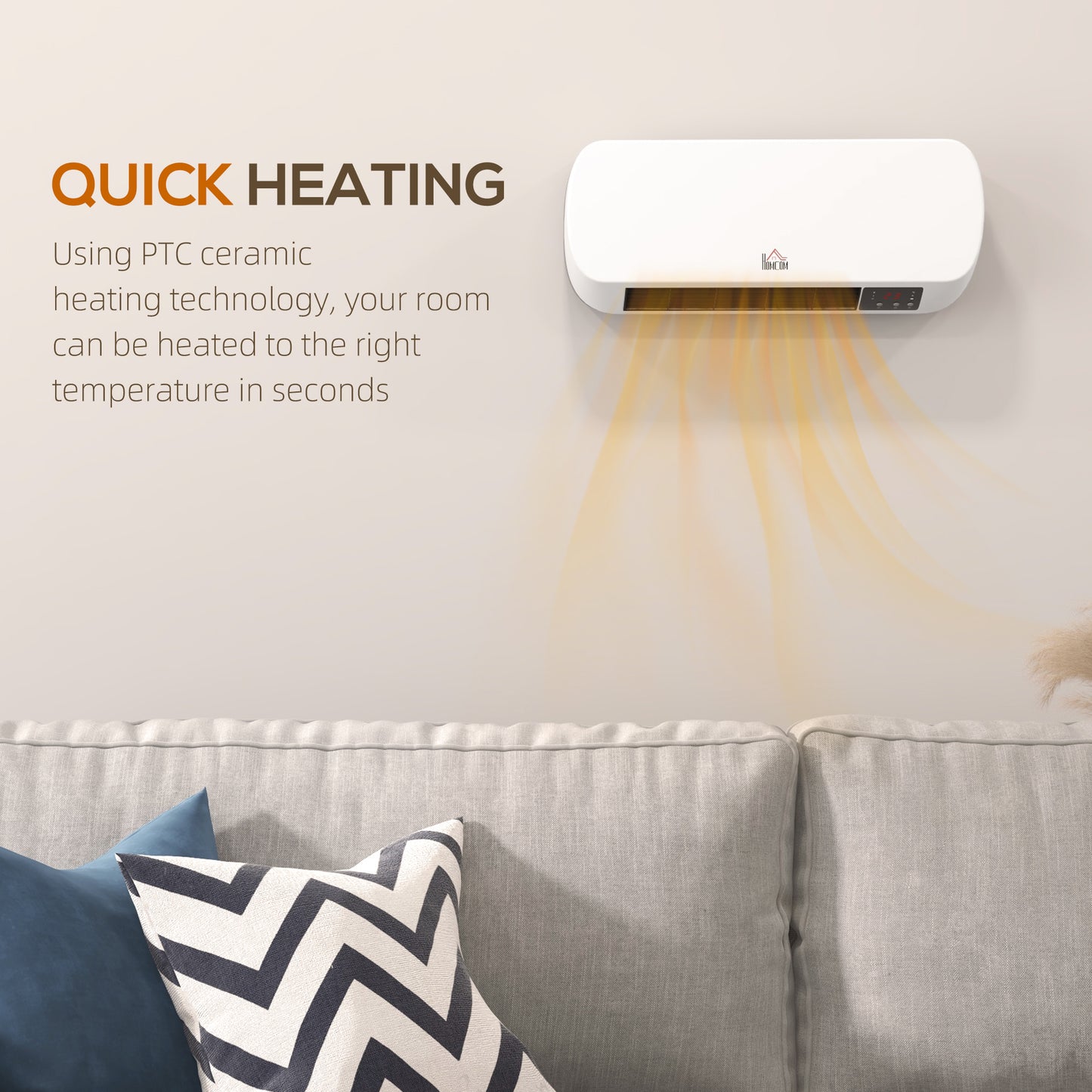 HOMCOM 2000W Wall Mounted Ceramic Space Heater with 10-49°C Adjustable Temperature in White, Three Modes: Fan, Low, High