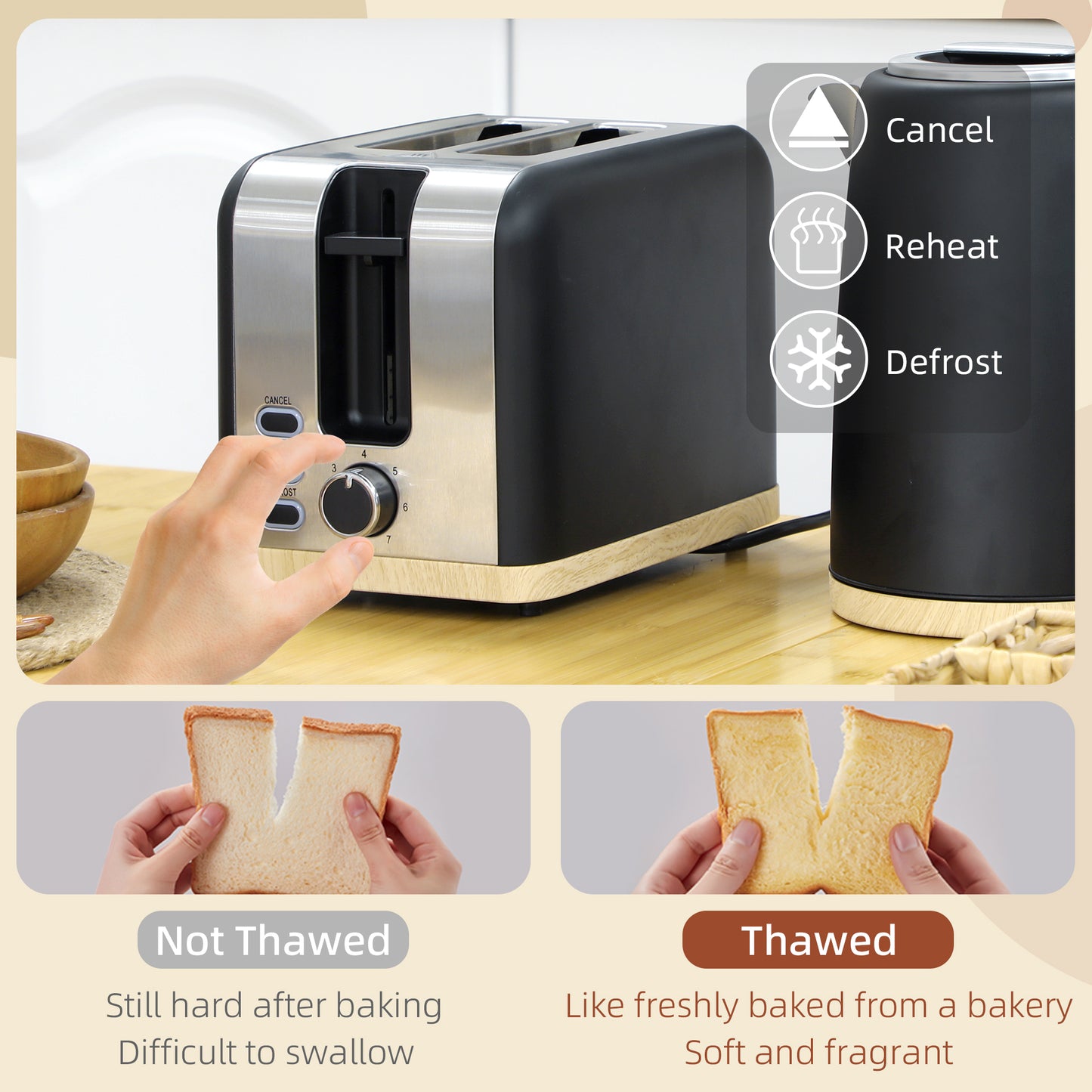 HOMCOM Stainless Steel Kettle And Toaster Set 1.7L 3000W 2 Slice With 7 Browning Levels Defrost Reheat Auto Off Black