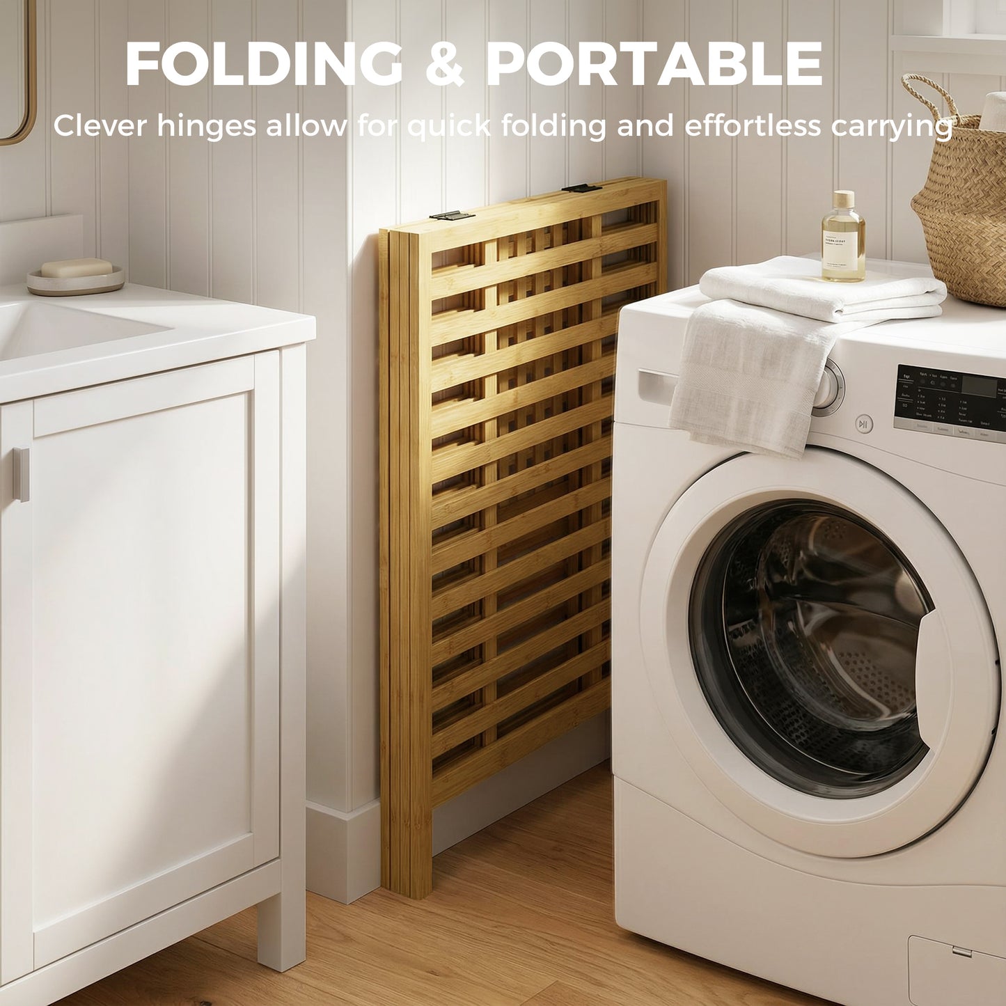 HOMCOM Bamboo Laundry Basket With Lid Two Baskets Foldable 64L Two 32L Bags Natural Cream White