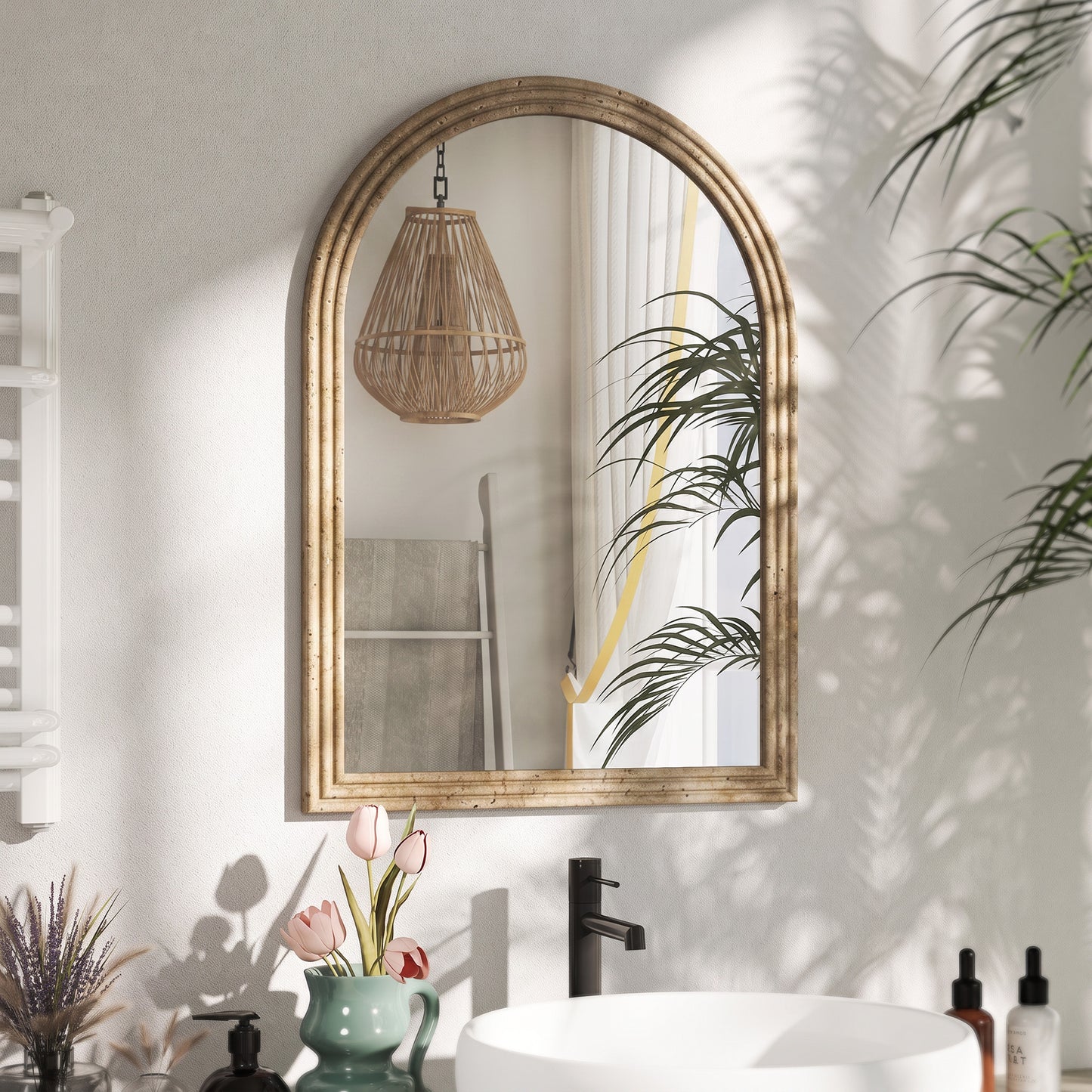HOMCOM Modern Arched Wall Mirror With Brown Finish For Living Room