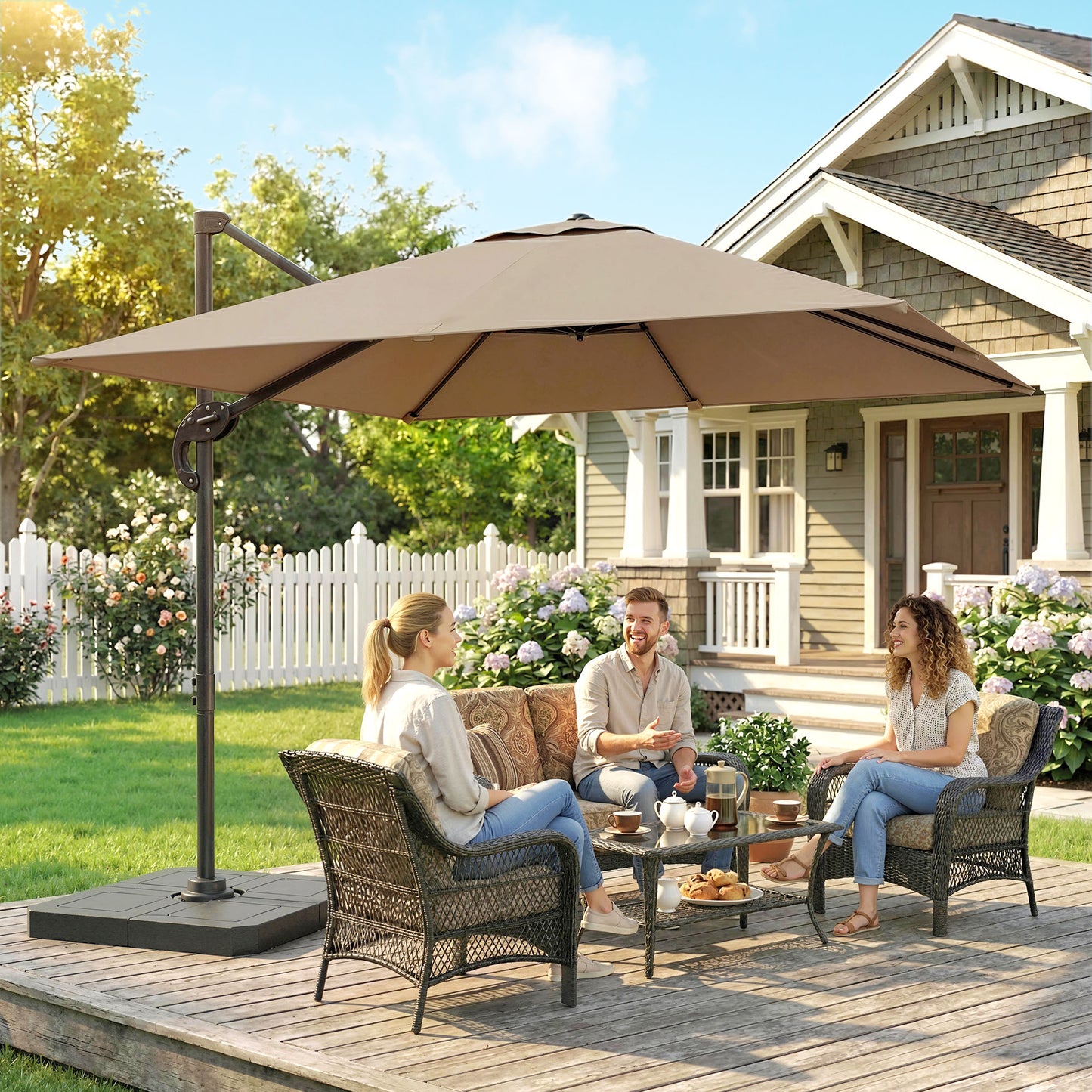 Outsunny 2.4m Square Cantilever Parasol With Weights UPF50 Offset Tilt Adjustment Khaki