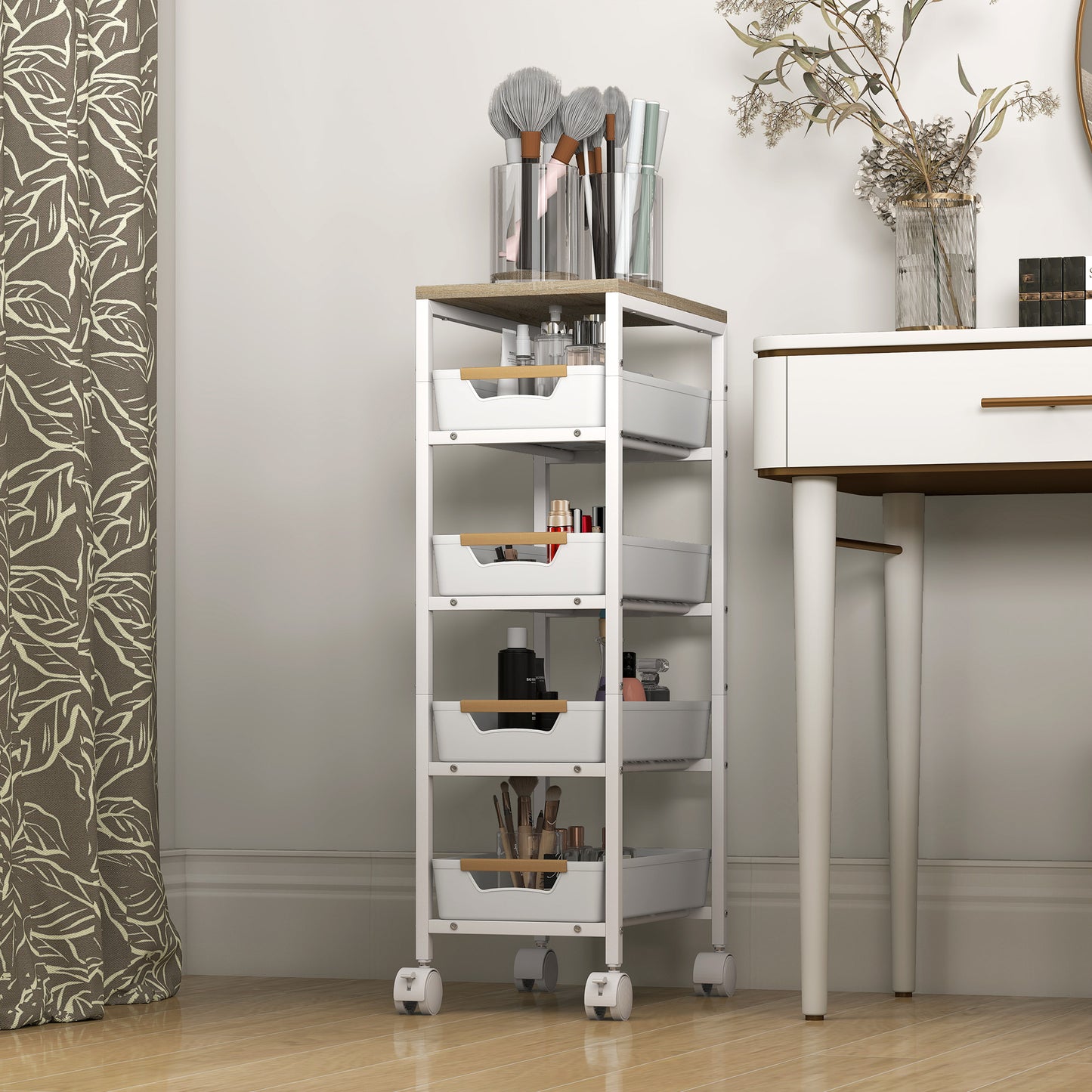 HOMCOM Five Tier Storage Trolley On Wheels White Kitchen Cart With Wood Effect Top And Four Pull Out Drawers