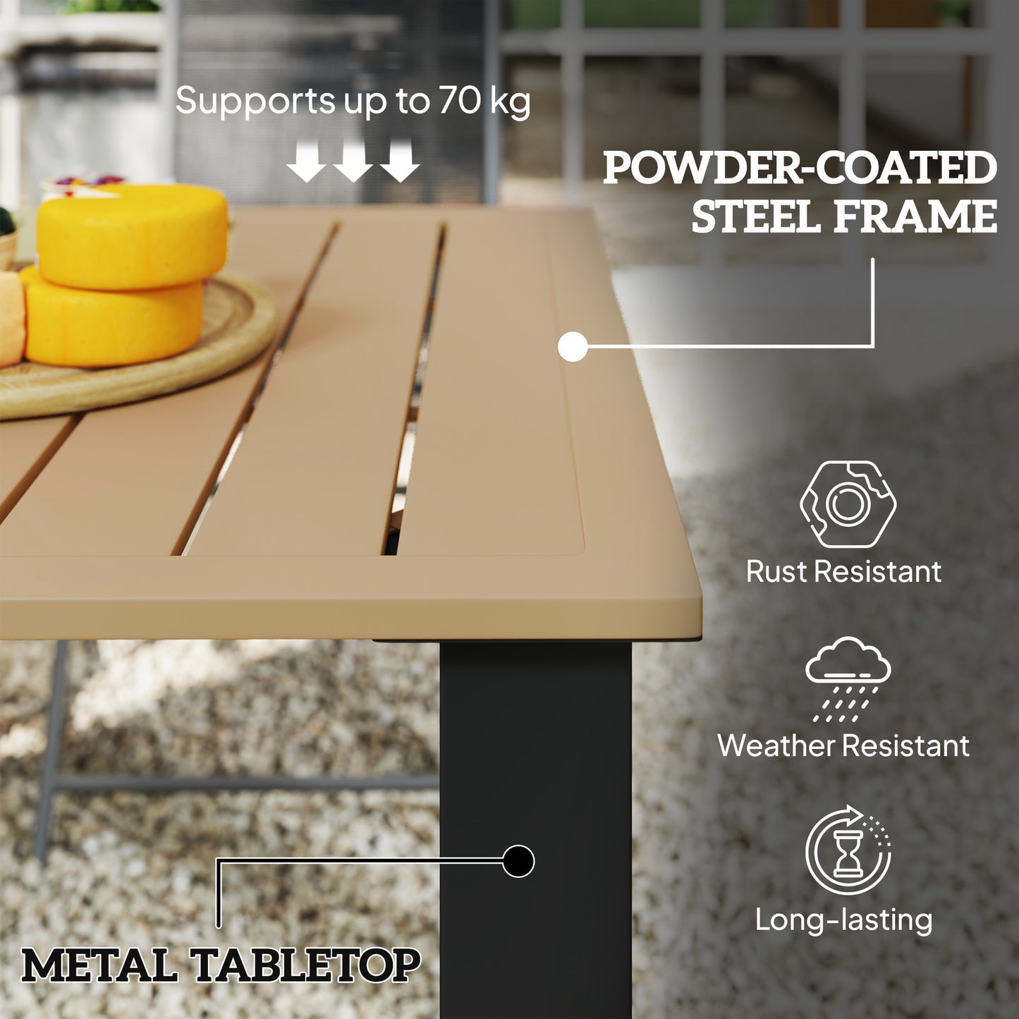 Outsunny Outdoor Rectangle Garden Dining Table For Six With Parasol Hole Slatted Metal Top And Steel Frame Brown