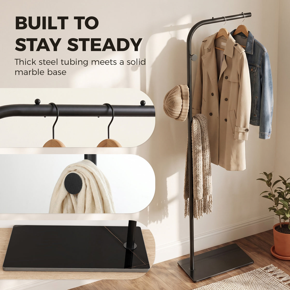 Homcom Clothing Rack With 3 Hooks Garment Stand For Bedroom Black