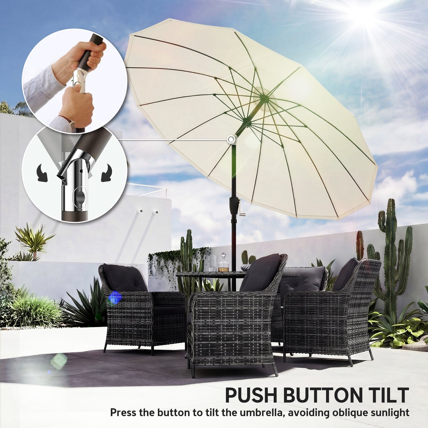 Outsunny 2 m Shanghai Garden Parasol Umbrella With 16 Fibreglass Ribs Crank Tilt Cream White Outdoor Sun Shade