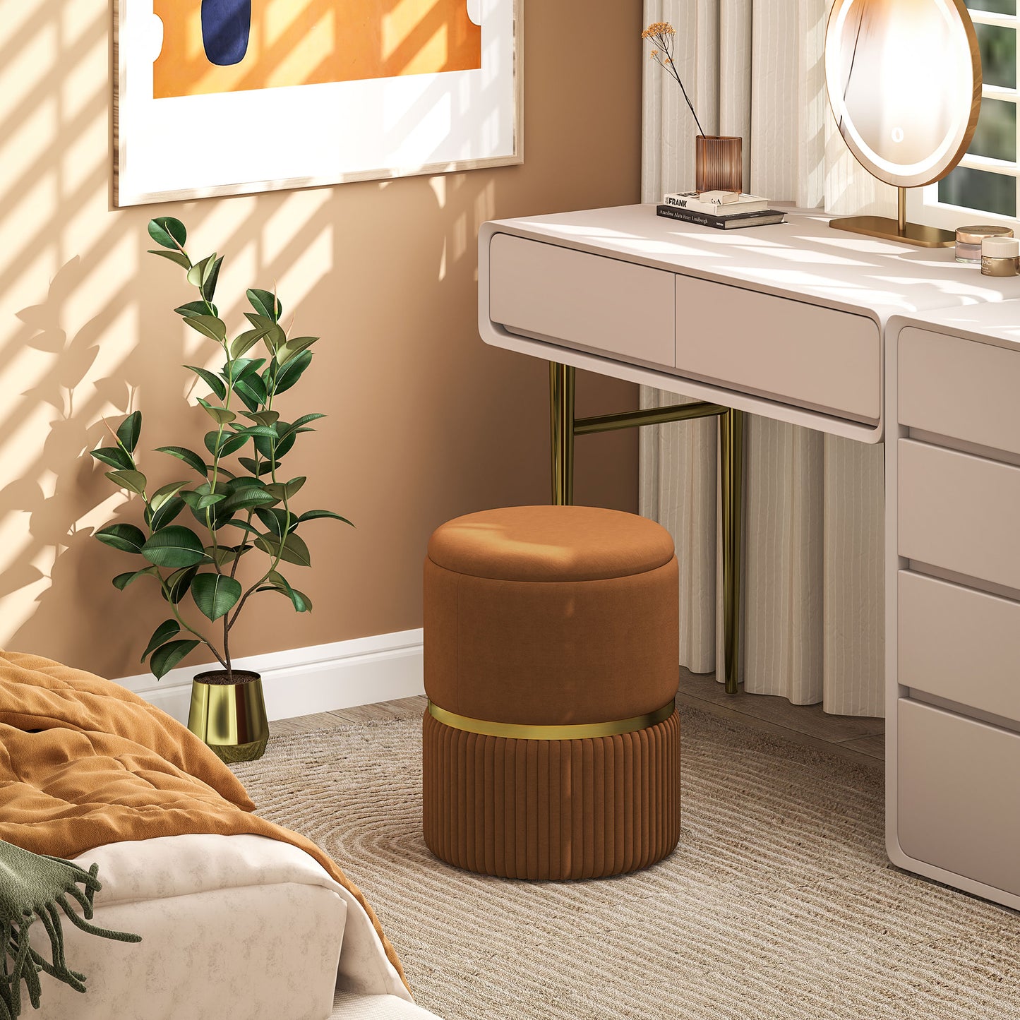 HOMCOM Velvet-Feel Storage Ottoman Brown With Hidden Storage, Sturdy MDF Frame And Protective Foot Pads