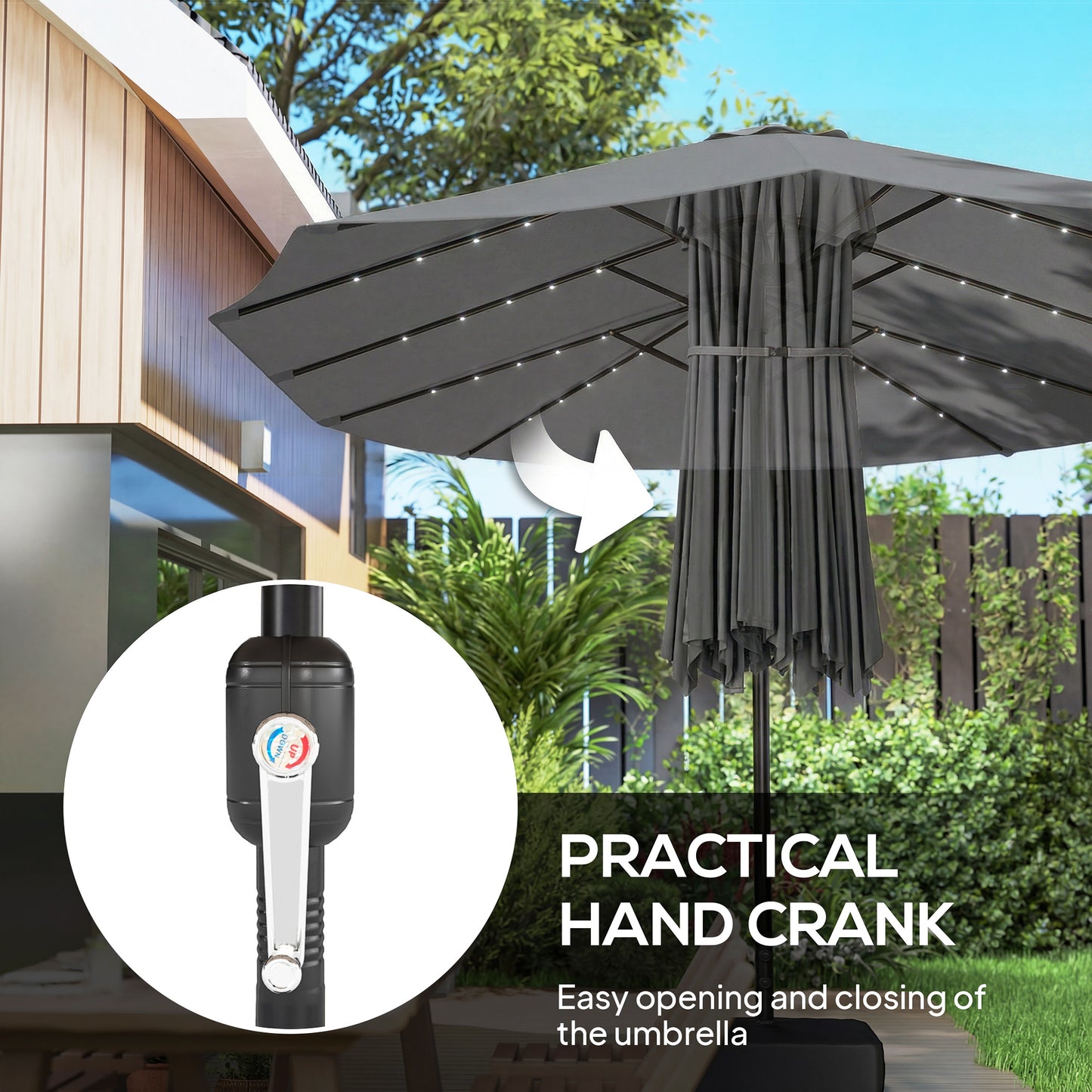 Outsunny Double Sided Patio Umbrella With Solar Lights Base Premium Grey Outdoor Shade