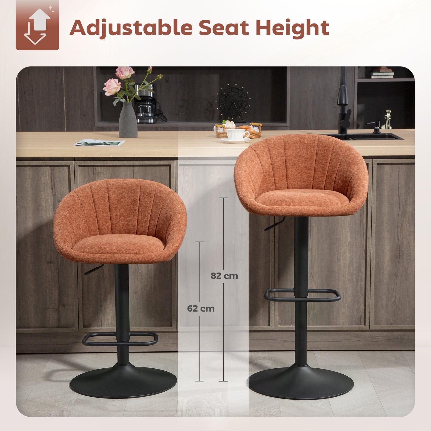 HOMCOM Set Of Two Relaxed Tub Bar Stools Orange Adjustable Height 62-82 Cm 360 Degree Swivel