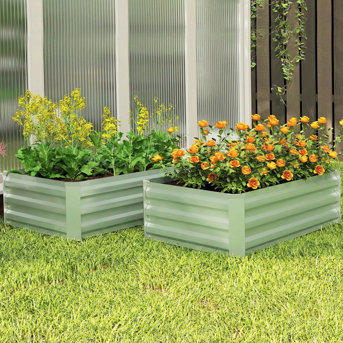 Outsunny Set Of Two 100 X 60cm Steel Planter Boxes Light Green For Outdoor Gardens Balconies And Raised Beds
