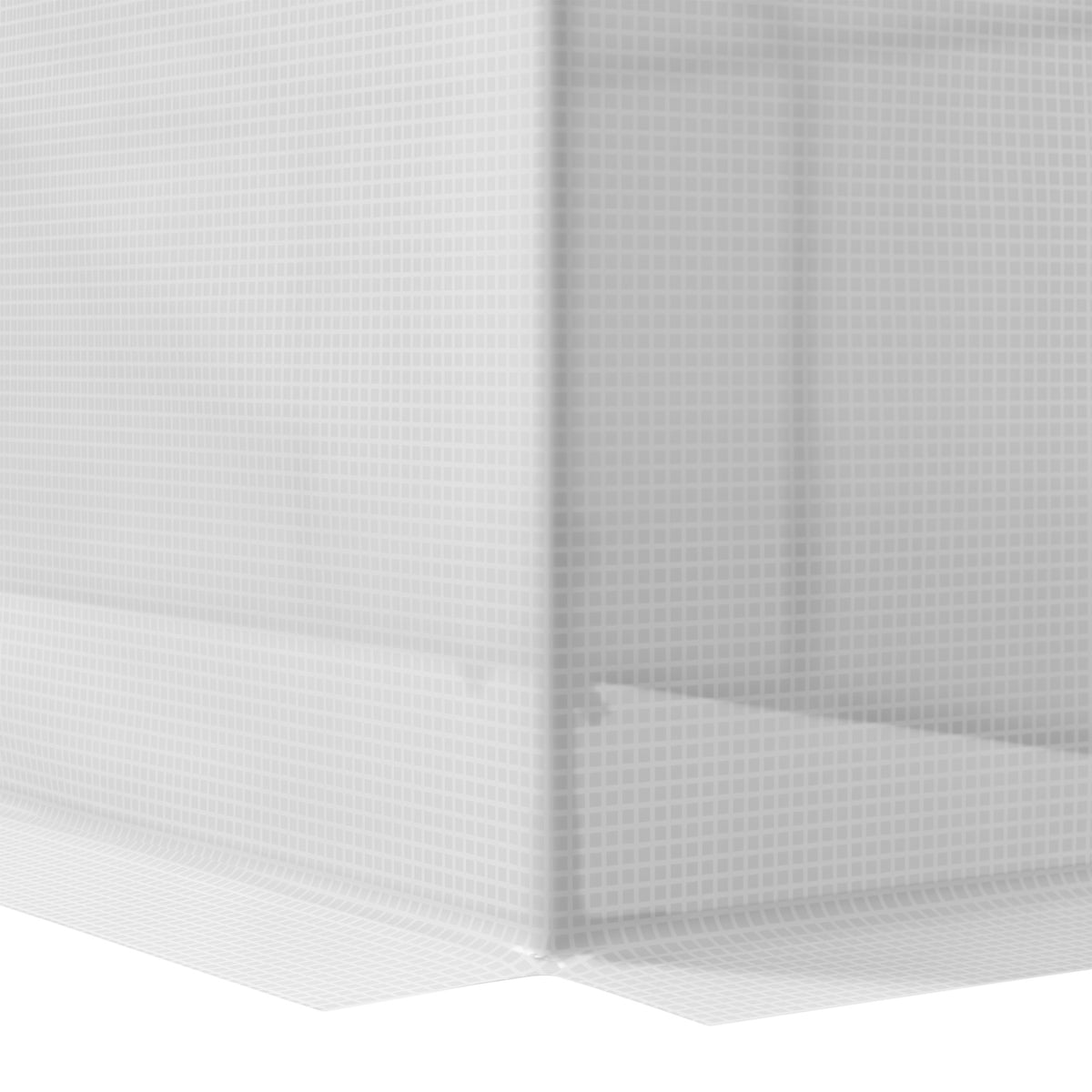 Portable mini greenhouse corner with white mesh cover and clear zipper seam