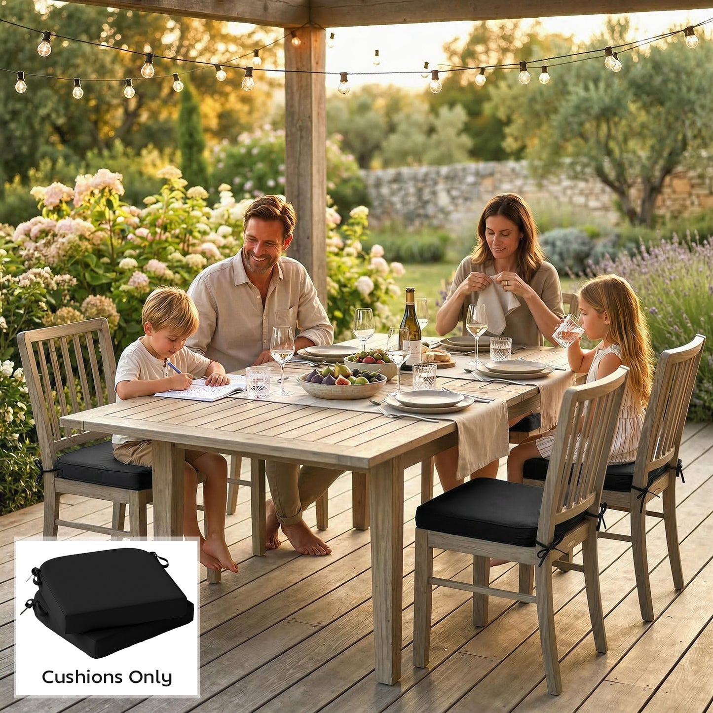 Outsunny Outdoor Chair Cushions Set of 2 with 7cm Thick Foam and Ties Water Repellent Flame Retardant Fabric Black