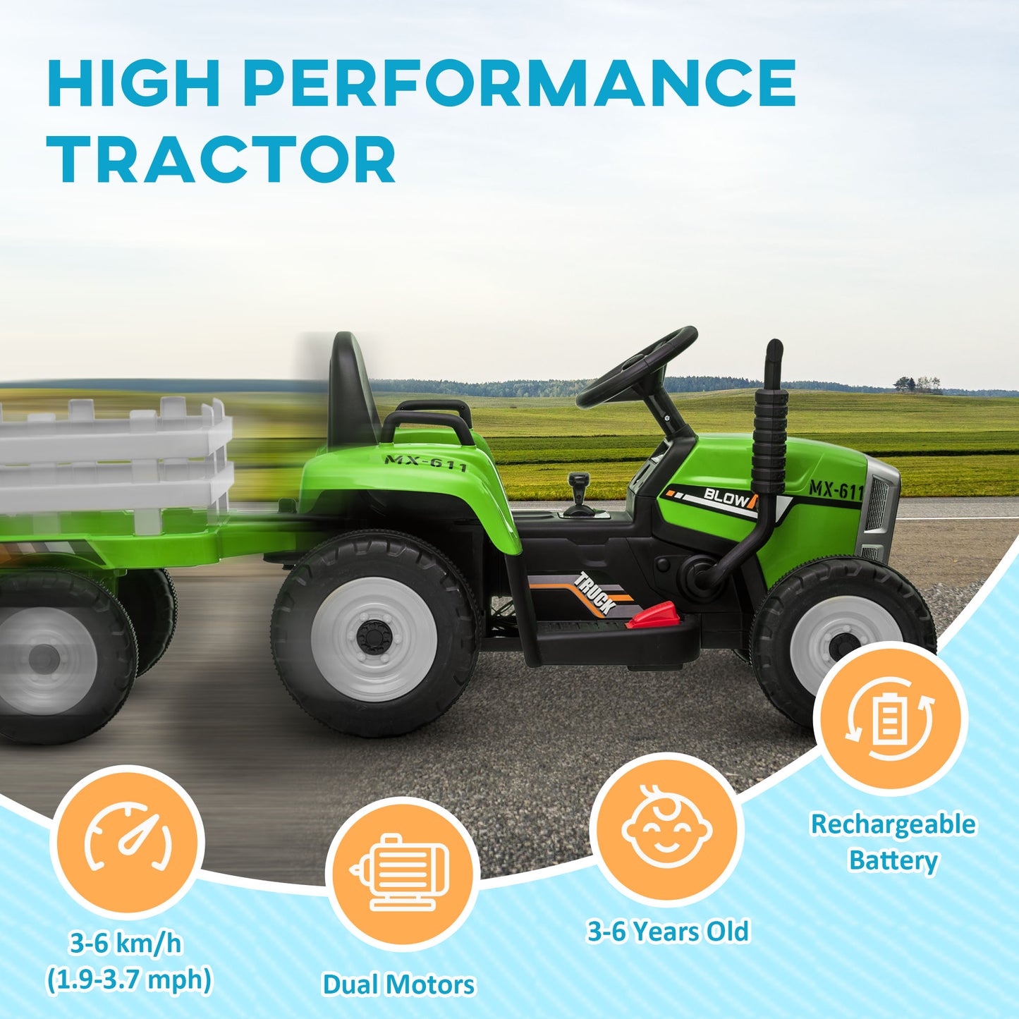 HOMCOM Electric Ride on Tractor with Detachable Trailer 12V Kids Battery Powered Electric Car with Remote Control Music for Kids Aged 3-6 Green - ALL4U RETAILER LTD