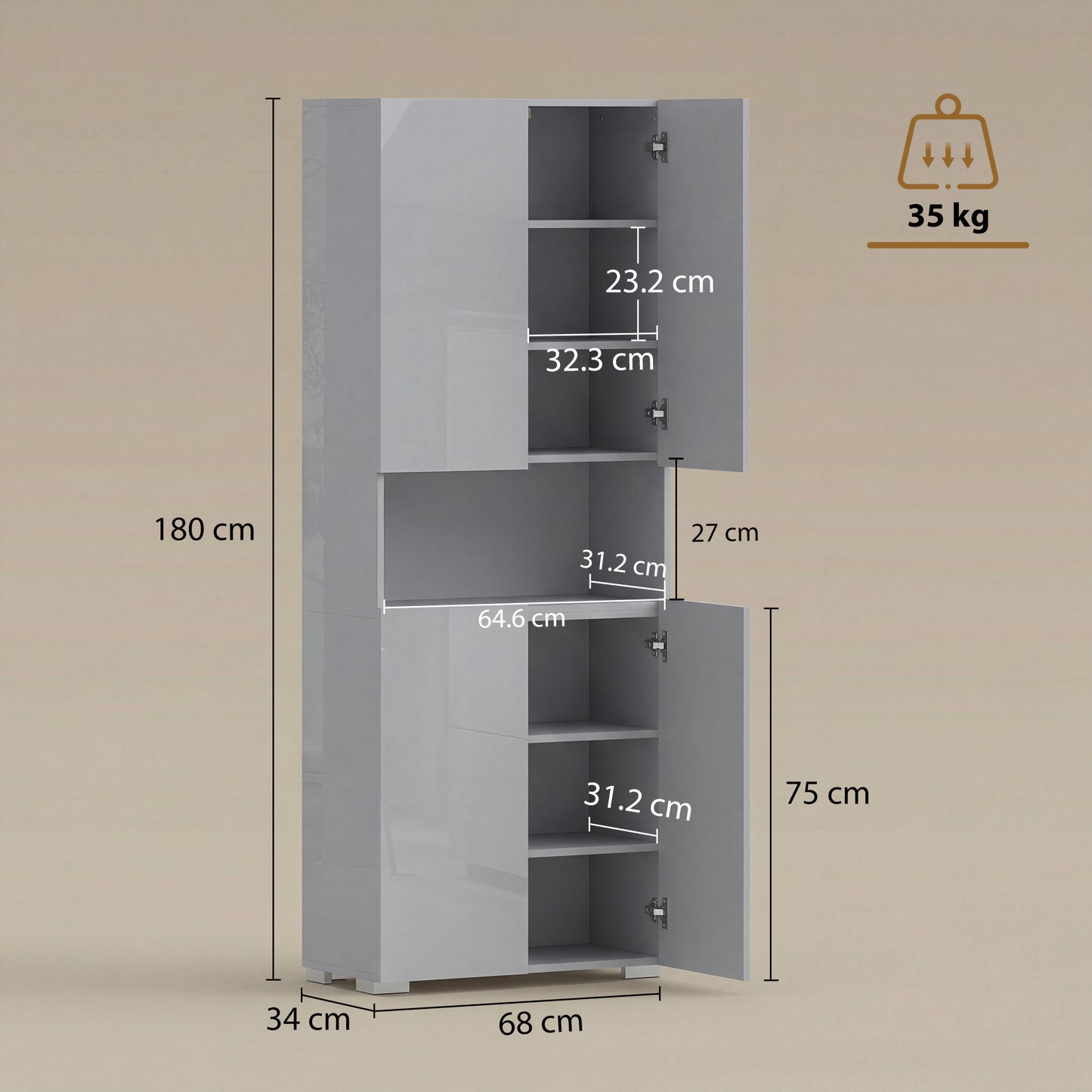 HOMCOM 180 Cm Tall Kitchen Cupboard Pantry Storage Cabinet With Soft Close Doors And Adjustable Shelves High Gloss Grey