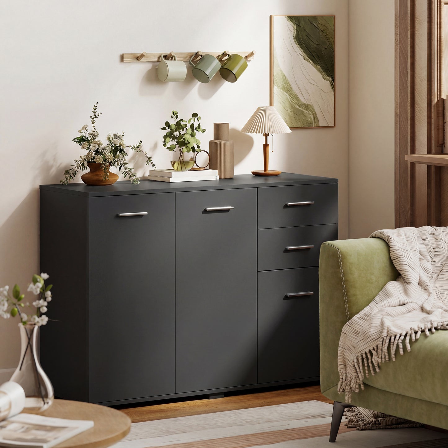 HOMCOM Modern Black Sideboard Storage Cabinet With 2 Drawers 3 Doors And Adjustable Shelves Flat Top