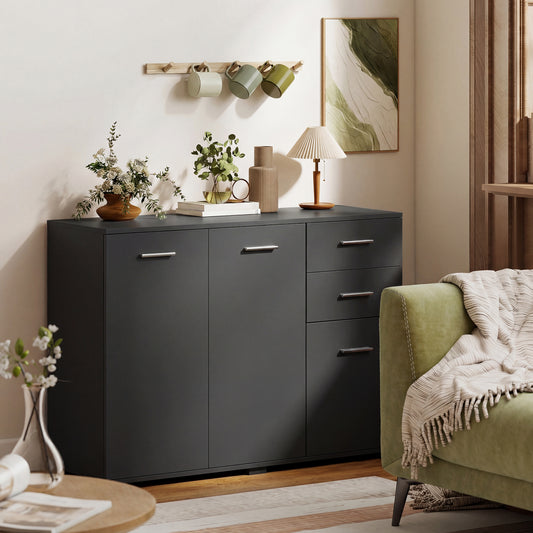 HOMCOM Modern Black Sideboard Storage Cabinet With 2 Drawers 3 Doors And Adjustable Shelves Flat Top