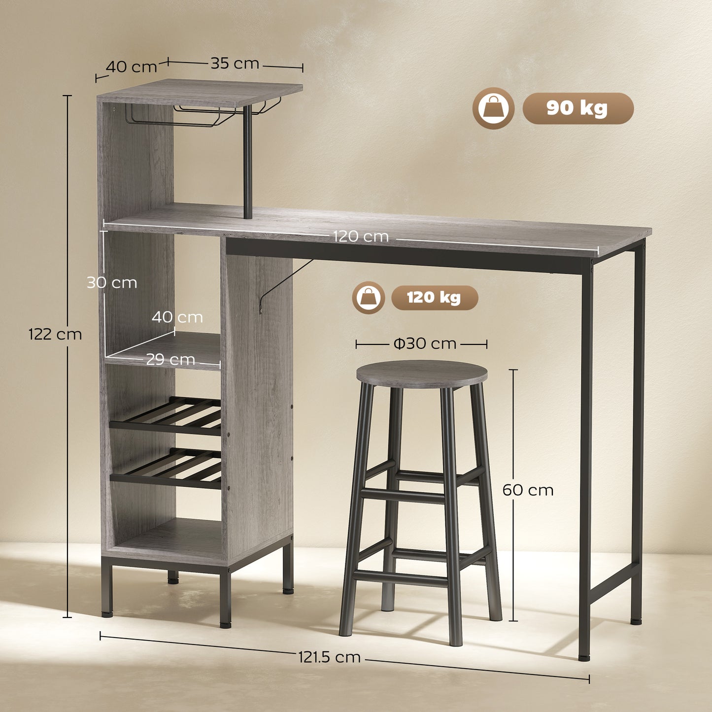 HOMCOM 3 Piece Dining Room Set With Bar Table And Stools Natural Finish Wine Rack And Glass Holders 6 Tier Storage