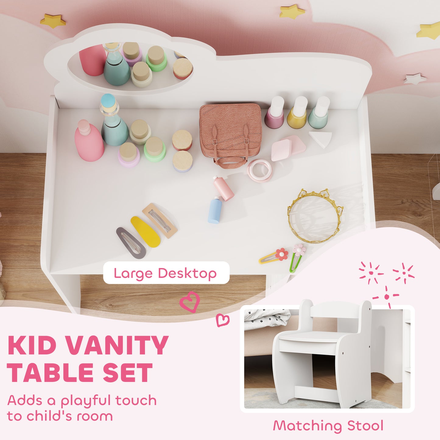 AIYAPLAY Kids Dressing Table With Mirror And Stool Vanity Table With Shelves For Ages 3 To 8 White