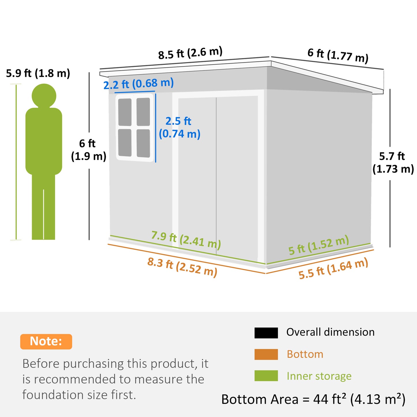 Outsunny 8.5 x 6ft Galvanised Steel Storage Shed With Foundation Kit Window Lockable Wide Doors Light Grey