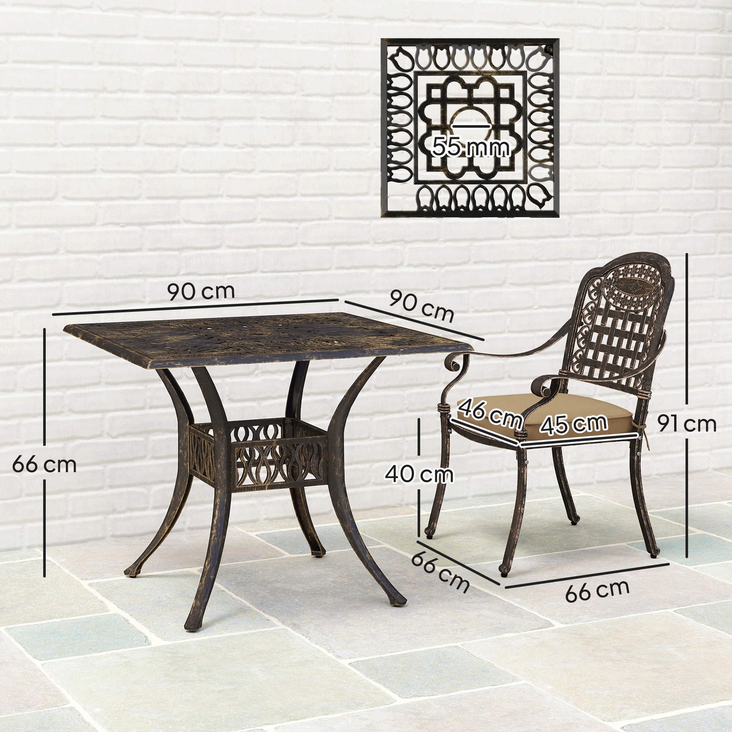 Outsunny Five Piece Cast Aluminium Garden Dining Set Bronze Tone With Square Table And Floral Grid Cutouts