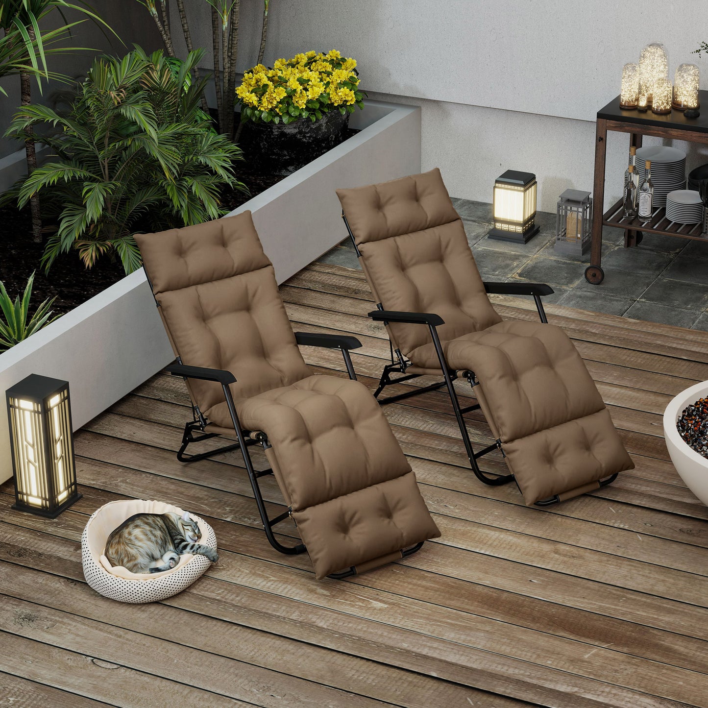 Outsunny Set Of Two 190 By 56 Cm Sun Lounger Cushions For Outdoor Recliners In Khaki With High Resilience Foam