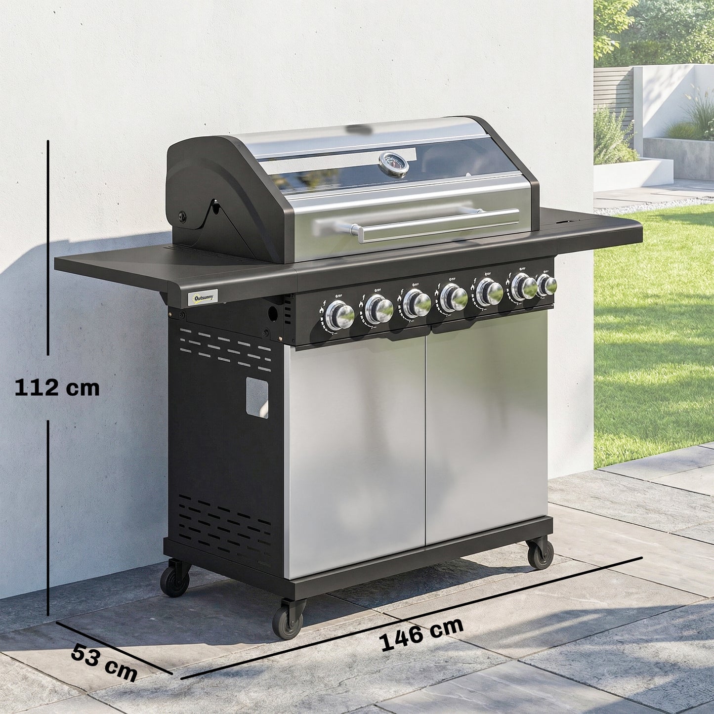Outsunny Six Plus One Burner Gas BBQ Grill Outdoor Trolley With Wheels Warming Rack Thermometer Bottle Opener Silver
