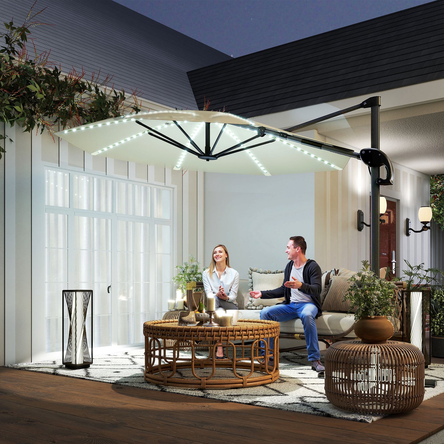 Outsunny 3m Cantilever Parasol With 360 Degree Rotation Solar Powered Lights Crank Handle Cross Base UPF 50 Cream